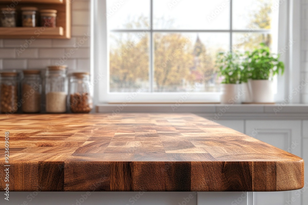 wood counter top with cutting board on blur kitchen in morning window background. For product display. Generative ai wood counter top with cutting board on blur kitchen in morning window background. For product display. Generative ai