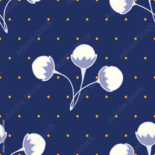 Vector dark blue seamless pattern background: White Crownberry Trios.