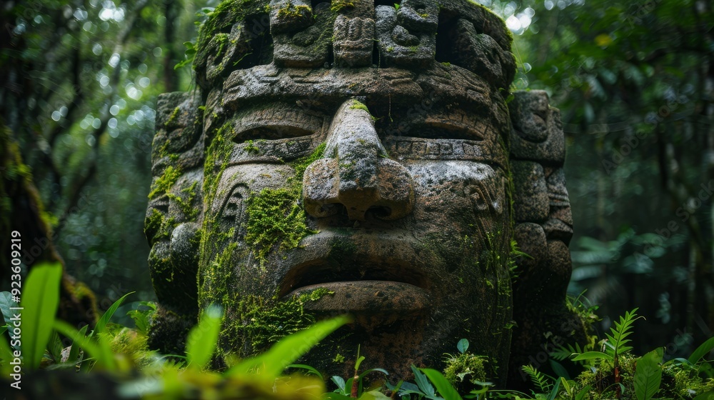 Ancient stone head covered in moss amid lush greenery in a dense forest Ancient stone head covered in moss amid lush greenery in a dense forest