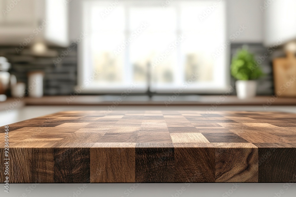 wood counter top with cutting board on blur kitchen in morning window background. For product display. Generative ai wood counter top with cutting board on blur kitchen in morning window background. For product display. Generative ai
