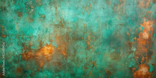 Abstract grunge texture background of old oxidized copper plating on teal and green concrete, copper, oxidized, plating