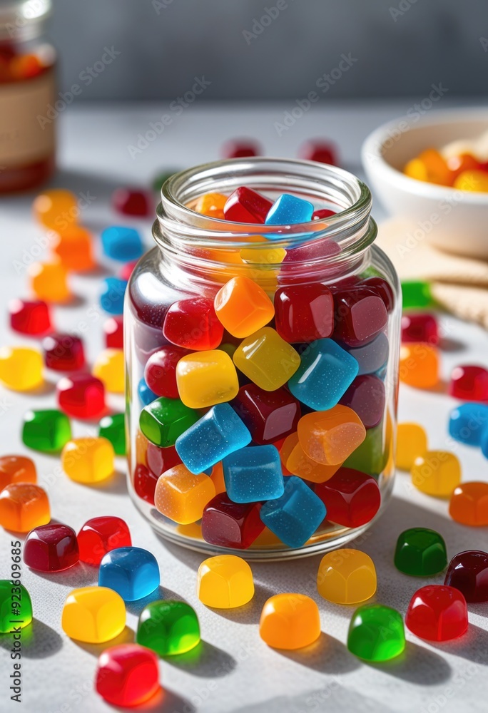 a scene featuring a jar of protein gummy snacks. a scene featuring a jar of protein gummy snacks.