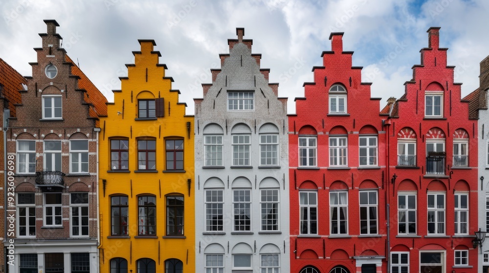 Obraz premium Colorful historic buildings in Bruges showcasing unique architecture under a cloudy sky