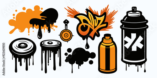 Spray graffiti element set, vector can splatter brush drip freehand kit, urban street black grunge. Cool hand writing stain splash, dirty messy airy ink stroke and circles. Spray graffiti dark splash