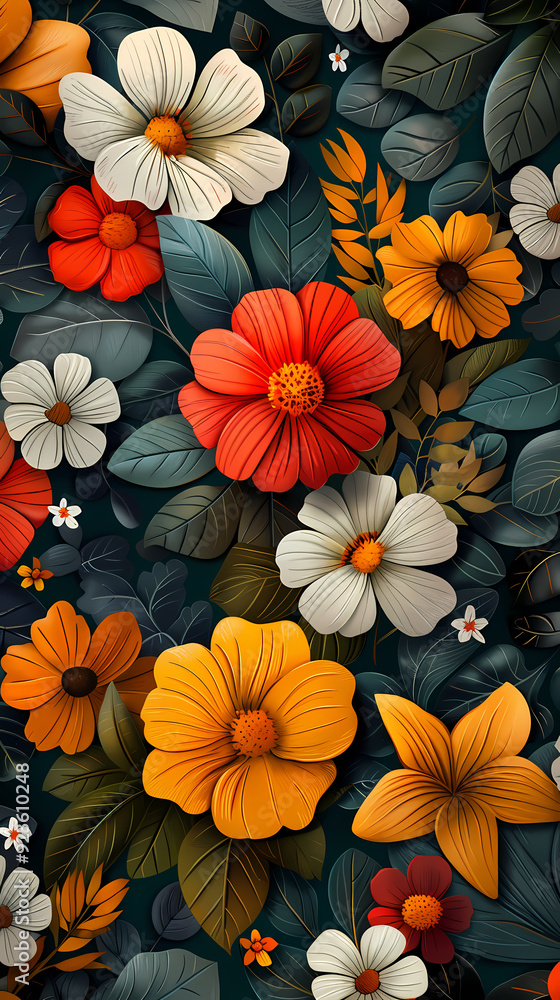Seamless pattern with flowers, leaves, and abstract colors for a vintage wallpaper or nature-inspired design. Seamless pattern with flowers, leaves, and abstract colors for a vintage wallpaper or nature-inspired design.