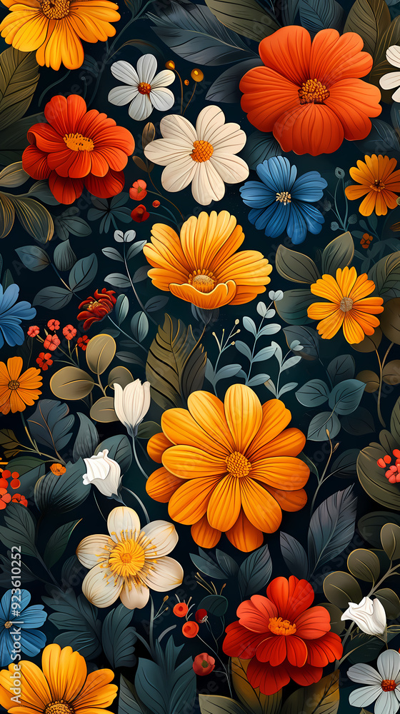 Seamless pattern with flowers, leaves, and abstract colors for a vintage wallpaper or nature-inspired design. Seamless pattern with flowers, leaves, and abstract colors for a vintage wallpaper or nature-inspired design.