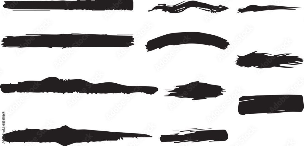 Variegated Grunge Brush Strokes Collection on White Background. An assorted assortment of black grunge brush strokes perfect for textured designs and artistic graphics, isolated on white. Vector brus Variegated Grunge Brush Strokes Collection on White Background. An assorted assortment of black grunge brush strokes perfect for textured designs and artistic graphics, isolated on white. Vector brus