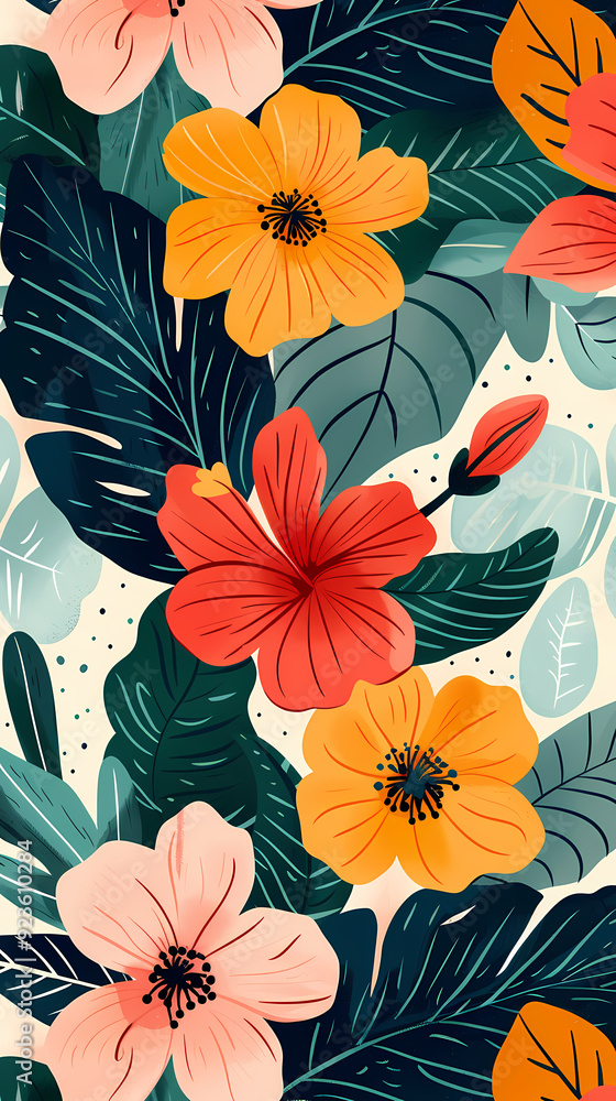 Seamless pattern with flowers, leaves, and abstract colors for a vintage wallpaper or nature-inspired design. Seamless pattern with flowers, leaves, and abstract colors for a vintage wallpaper or nature-inspired design.