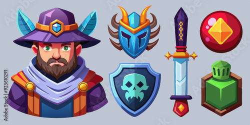 Game fantasy icon set, vector magic dungeon dragon RPG sign, medieval warrior avatar, fairytale sign. Knight battle sword, armour helmet, power weapon, witch hat, potion cauldron. Fantasy icon kit