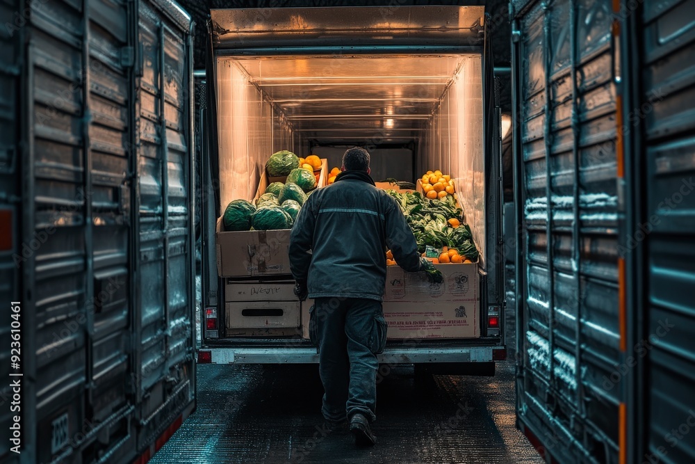 custom made wallpaper toronto digitalA person unloading fresh produce from a delivery truck in a dimly lit environment.