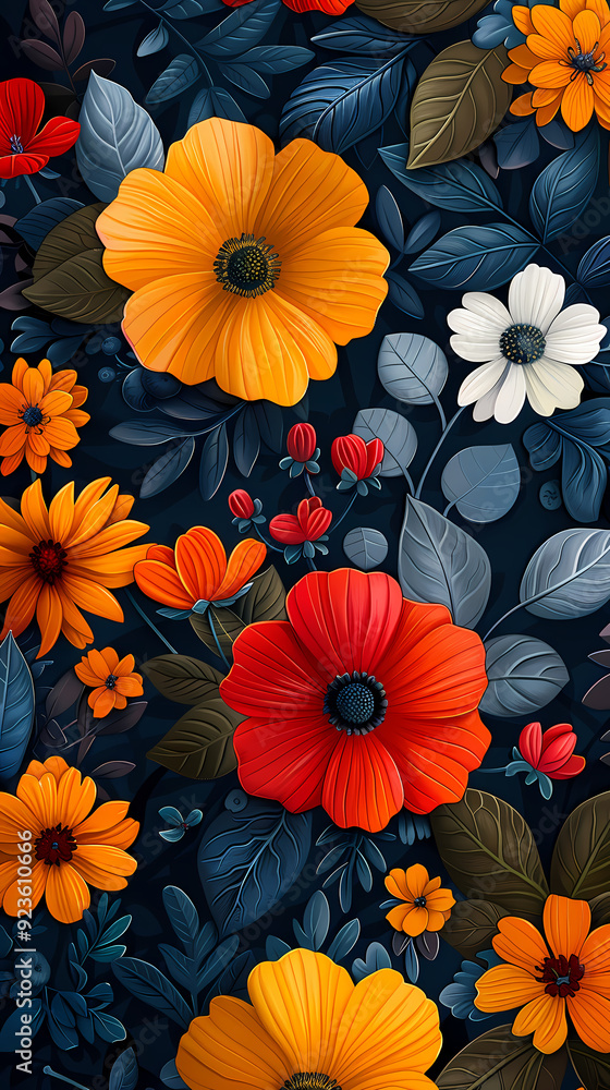 Seamless pattern with flowers, leaves, and abstract colors for a vintage wallpaper or nature-inspired design. Seamless pattern with flowers, leaves, and abstract colors for a vintage wallpaper or nature-inspired design.