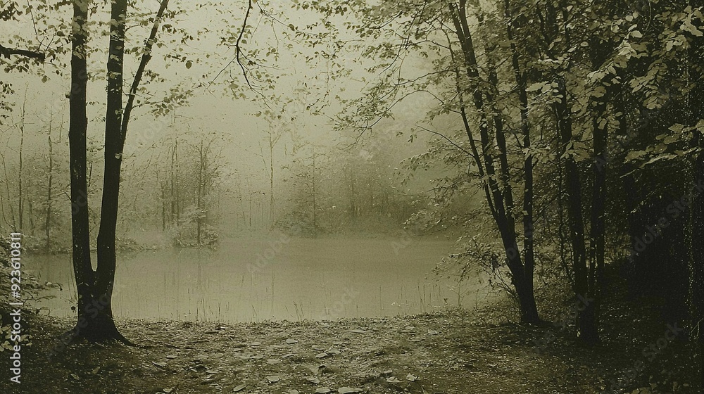Naklejka premium Foggy Forest Clearing with Soft Light and Trees