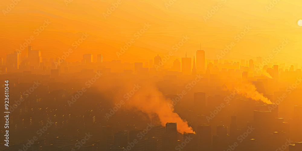 Obraz premium Air pollution is the suffocating blanket of smog, harming health and reducing visibility: Illustrate air pollution as a thick blanket of smog hanging over a city, symbolizing the impact of polluted