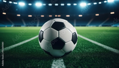 soccer ball on the stadium field illuminated by floodlights in anticipation of the match. Generative ai