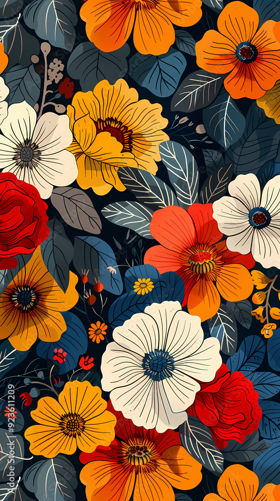 Seamless pattern with flowers, leaves, and abstract colors for a vintage wallpaper or nature-inspired design. Seamless pattern with flowers, leaves, and abstract colors for a vintage wallpaper or nature-inspired design.