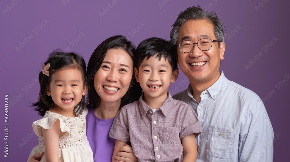A joyful family of four smiles warmly at the camera against a soft purple background A joyful family of four smiles warmly at the camera against a soft purple background
