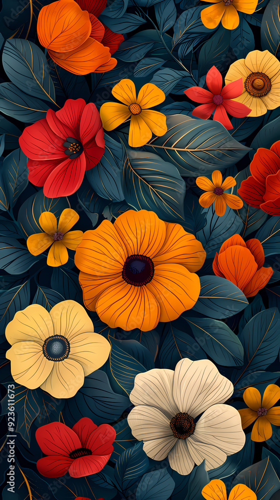 Seamless pattern with flowers, leaves, and abstract colors for a vintage wallpaper or nature-inspired design. Seamless pattern with flowers, leaves, and abstract colors for a vintage wallpaper or nature-inspired design.