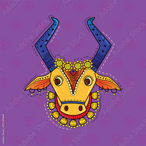 vector illustration of desi (indian) art style holy cow.