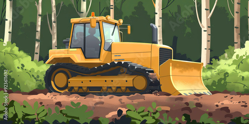 Habitat destruction is the bulldozed path of progress, displacing wildlife and disrupting ecosystems: Visualize habitat destruction as a bulldozer clearing a forest, symbolizing the loss of habitats photo