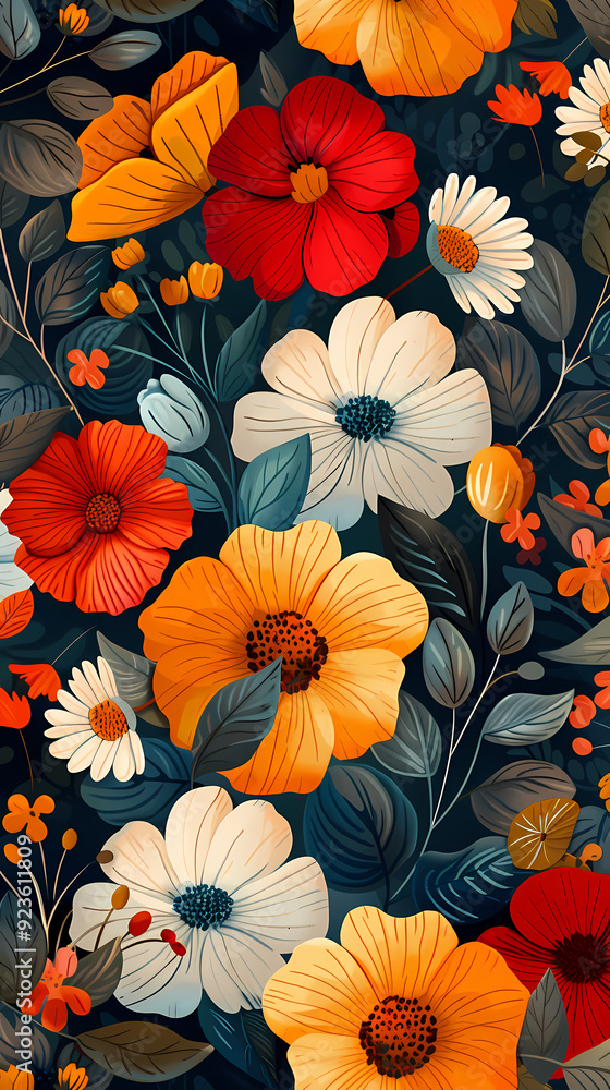 Seamless pattern with flowers, leaves, and abstract colors for a vintage wallpaper or nature-inspired design. Seamless pattern with flowers, leaves, and abstract colors for a vintage wallpaper or nature-inspired design.