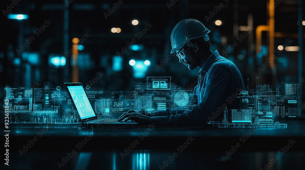 Efficiency process icons, businessman at laptop, productivity growth in industrial management, lean cost solutions, high-tech corporate environment, sharp focus, professional lighting Efficiency process icons, businessman at laptop, productivity growth in industrial management, lean cost solutions, high-tech corporate environment, sharp focus, professional lighting