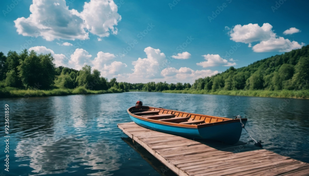 river with a boat in summer. green trees and blue sky behind. holidays in the village river with a boat in summer. green trees and blue sky behind. holidays in the village