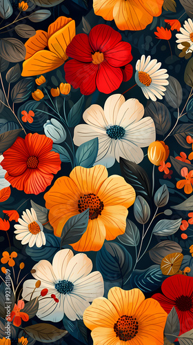 Seamless pattern with flowers, leaves, and abstract colors for a vintage wallpaper or nature-inspired design.