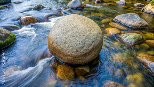 Large round stone in a rocky creek surrounded by water top view , round, stone, rocky creek, water, top view, nature