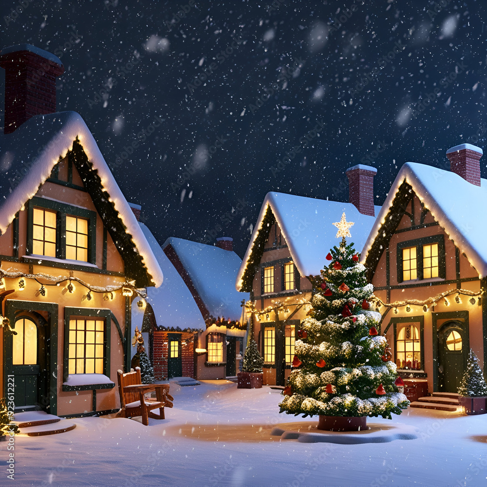 Cozy Snow-Covered Christmas Village at Night, Warmly Lit Cottages, Twinkling Lights, Festive Christmas Tree, Falling Snowflakes, Joyful Atmosphere Cozy Snow-Covered Christmas Village at Night, Warmly Lit Cottages, Twinkling Lights, Festive Christmas Tree, Falling Snowflakes, Joyful Atmosphere