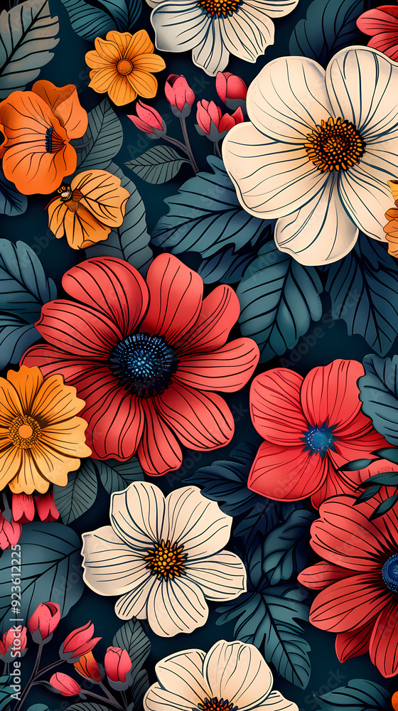 Seamless pattern with flowers, leaves, and abstract colors for a vintage wallpaper or nature-inspired design. Seamless pattern with flowers, leaves, and abstract colors for a vintage wallpaper or nature-inspired design.
