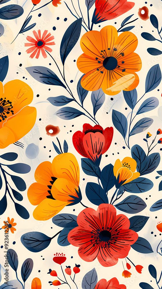 Seamless pattern with flowers, leaves, and abstract colors for a vintage wallpaper or nature-inspired design. Seamless pattern with flowers, leaves, and abstract colors for a vintage wallpaper or nature-inspired design.
