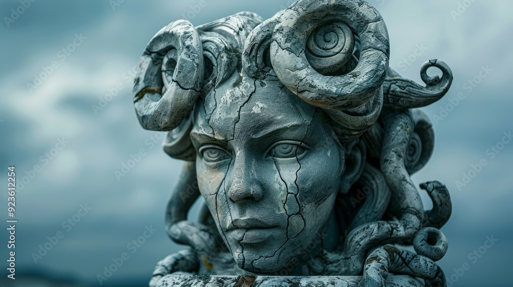 Stone sculpture of a Gorgon with coiled hair under cloudy sky Stone sculpture of a Gorgon with coiled hair under cloudy sky