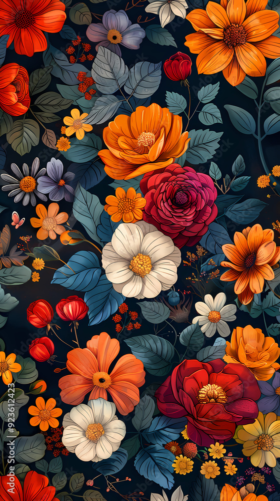 Seamless pattern with flowers, leaves, and abstract colors for a vintage wallpaper or nature-inspired design. Seamless pattern with flowers, leaves, and abstract colors for a vintage wallpaper or nature-inspired design.
