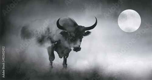 Ink wash painting of bull in dark mist under the full moon in night sky. Traditional oriental ink painting sumi-e, u-sin, go-hua.