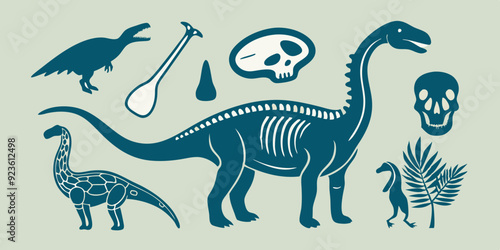 Linocut dinosaur set, dino fossil print collection, skeleton vector silhouette, prehistoric monster. Diplodocus outline print, woodcut engraving Jurassic reptile sticker, skull. Linocut dinosaur stamp