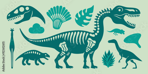 Linocut dinosaur set, dino fossil print collection, skeleton vector silhouette, prehistoric monster. Diplodocus outline print, woodcut engraving Jurassic reptile sticker, skull. Linocut dinosaur stamp