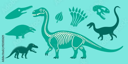 Linocut dinosaur set, dino fossil print collection, skeleton vector silhouette, prehistoric monster. Diplodocus outline print, woodcut engraving Jurassic reptile sticker, skull. Linocut dinosaur stamp