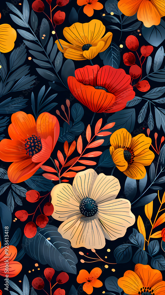 Seamless pattern with flowers, leaves, and abstract colors for a vintage wallpaper or nature-inspired design. Seamless pattern with flowers, leaves, and abstract colors for a vintage wallpaper or nature-inspired design.