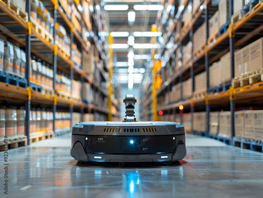 Autonomous warehouse robot navigating through an aisle filled with boxes in a distribution center during daytime Autonomous warehouse robot navigating through an aisle filled with boxes in a distribution center during daytime