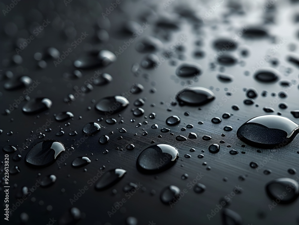 Water droplets on a dark surface creating a textured pattern in natural light Water droplets on a dark surface creating a textured pattern in natural light