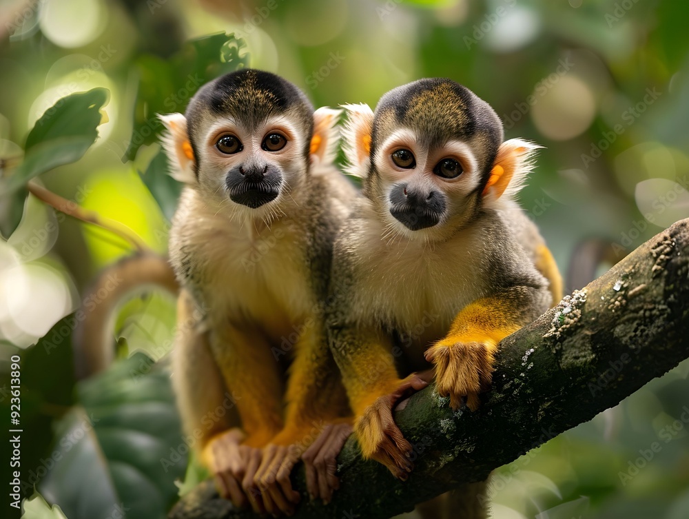 Two playful monkeys sitting on a branch in a lush rainforest during daylight Two playful monkeys sitting on a branch in a lush rainforest during daylight