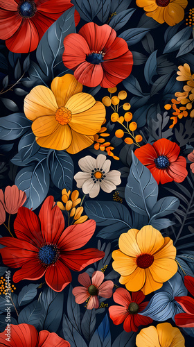 Seamless pattern with flowers, leaves, and abstract colors for a vintage wallpaper or nature-inspired design.