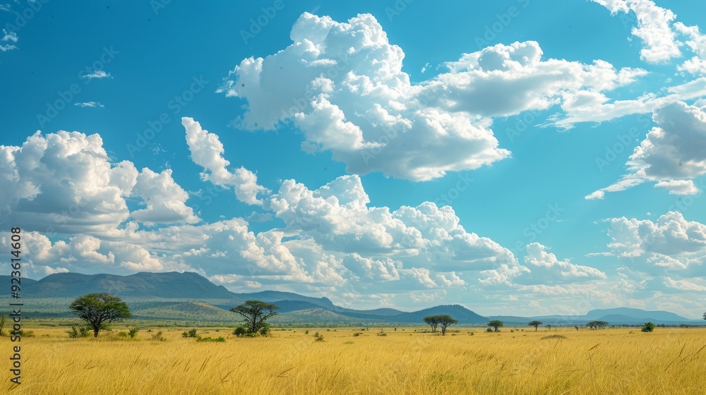 Fototapeta premium Expansive grassland under a bright blue sky with fluffy clouds in a serene landscape