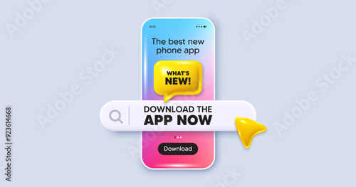 Whats new tag. Phone mockup screen. Download the app now. Special offer sign. New arrivals symbol. Phone download app search bar. Whats new text message. Vector