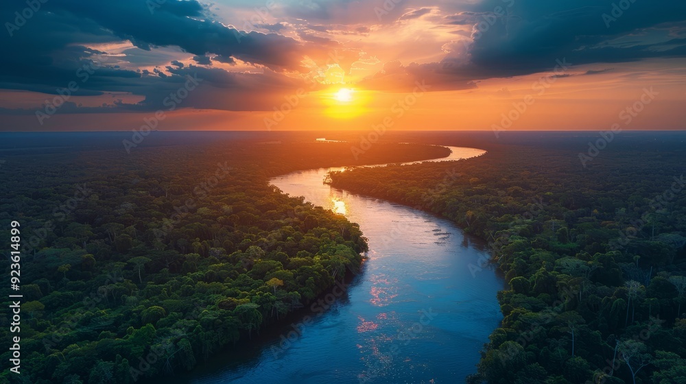 Fototapeta premium Serene sunset over a winding river through lush forests in the Amazon rainforest