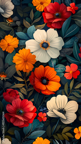 Wallpaper Mural Seamless pattern with flowers, leaves, and abstract colors for a vintage wallpaper or nature-inspired design. Torontodigital.ca