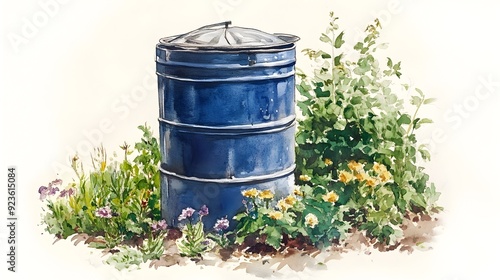 Watercolor Painting of Rustic Rainwater Collection Barrel for Water Conservation photo