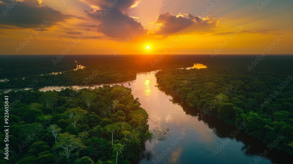 Fototapeta premium Sunset over a winding river in the lush Amazon rainforest