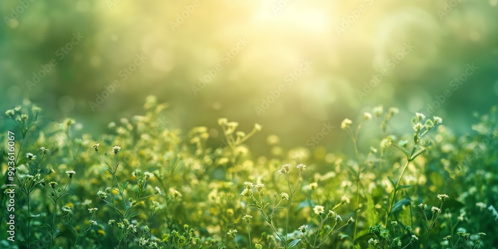 A lush meadow filled with tiny white flowers bathed in warm sunlight, creating a dreamlike and tranquil scene. A lush meadow filled with tiny white flowers bathed in warm sunlight, creating a dreamlike and tranquil scene.
