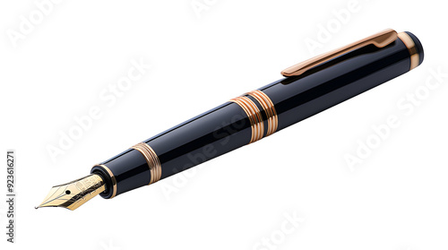 Stylish black fountain black pen isolated on cut out PNG or transparent background. Fountain pen is that can hold ink in cartridge. Realistic equipment stationery template pattern.